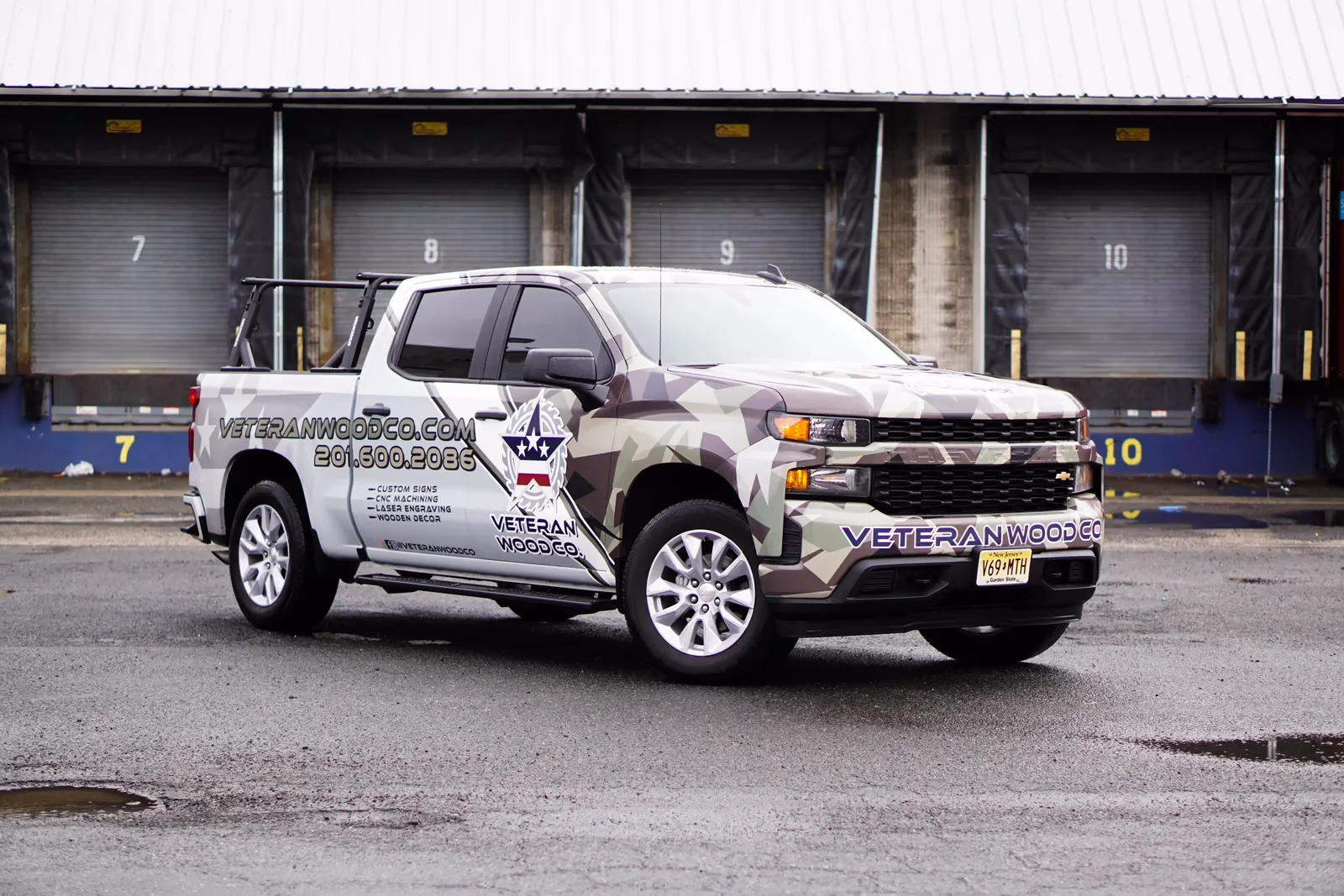 Veteran Wood Co. pickup truck vehicle wrap